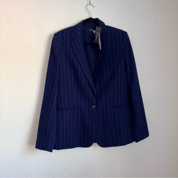 Lauren Ralph Lauren navy Blue stripe wool mix Blazer Size 14 new single button - Picture 9 of 11
